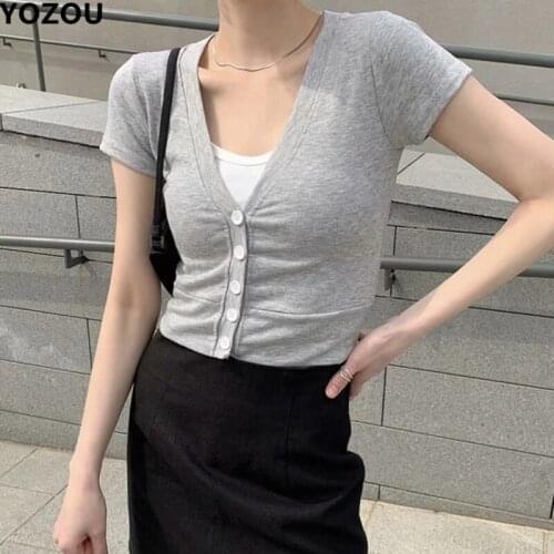 Womens T-Shirt 2021 Y2K Retro Solid Button Up V-Neck Black Green Short-Sleeve Cardigan Basic Crop Top Cotton Corset Baby Tee