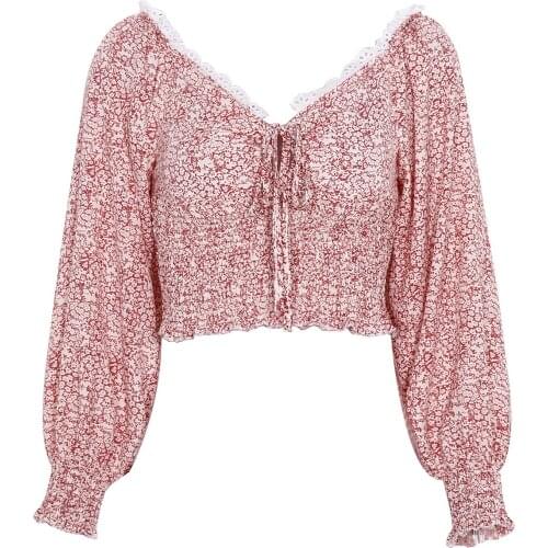 Fanco Women 2020 Autumn New Casual Shirt Printed Slash Neck Bowknot Blouse Lantern Sleeves Exposed Navel Floral Chiffon Shirts