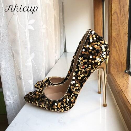 Tikicup Shiny Sequins Women Bling High Heels Slip On Party Wedding Shoes Ladies Pointed Toe Fashion Dress Stilettos Chic Pumps