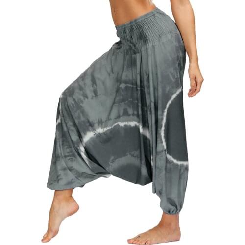 Womens Bohemian Yoga Pants Hippy Harem Smocked Waist Trousers Flowy Loose Beach Sports Pants