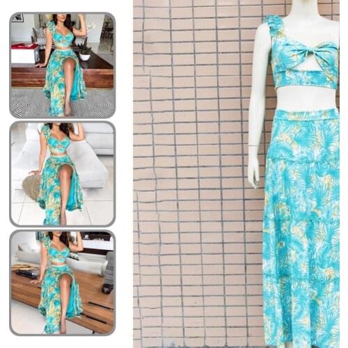 Women 1 Set Fashion Sleeveless Top Split Hem Skirt Two-piece Top Skirt Set Leaf Pattern for Daily Wear
