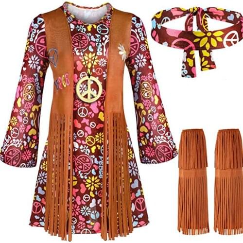 Womens Peace Love Hippie Costume Party 60s 70s Hippie Stage wear Costume Halloween Indian Tassels Hippie Performance