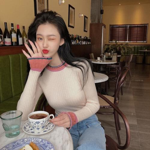 Woman Sweaters Color Matching Inner Sweater Womens Autumn Winter Slightly Flared Long Sleeve Slim-Fit Top Sweater