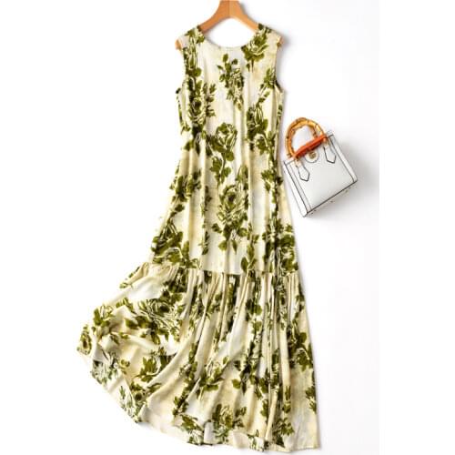 2021 summer womens fashion elegant Franc French romantic printing silk long dress one piece