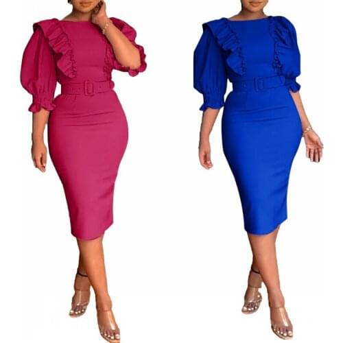 Office African Dresses Blue Plus Size Women Bodycon Business Workwear Fashion Elegant Half Sleeve Pleated Midi Dress With Sashes