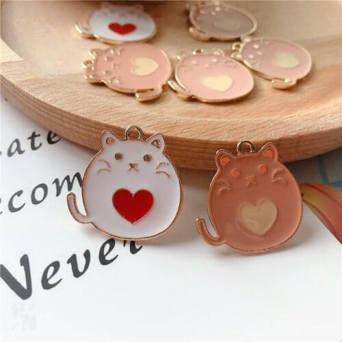 10pcs Heart Fat Cute Cat Animal Enamel Charms Craft Metal Charms For Keychains Earring DIY Jewelry Making Handmade 23mm