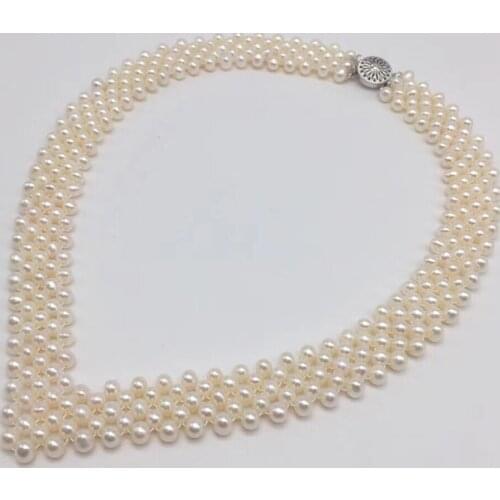 4-5mm Freshwater Round unique 3 Rows pearls string strands hearts V design necklace for Mom Lover ladies Classcial fine jewelry