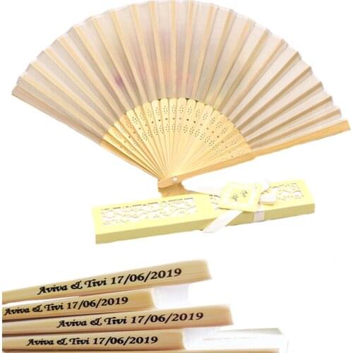60pcs/lot Custom Folding Fan Personalized Bride & Grooms Name & Date Silk Wedding Hand Fan with Gift Box