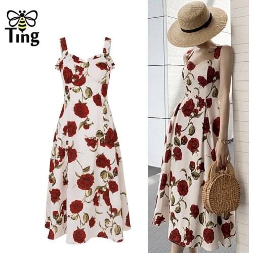 Tingfly Bohemian Rose Floral Summer Strap Casual Dress Women Fashion Sleevless Boho Vacation Beach Dress Robes Trendy Clothes
