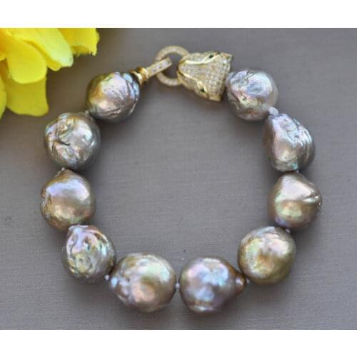 Z11091 8" 16mm Lavender Peacock Almost-Round Edison Keshi Pearl Bracelet CZ