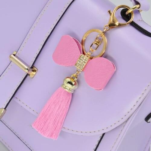 Rhinestone Bowknot PU leather Tassel Keychain New Elegant Fashion Key ring For Women Bag Charms Accessories