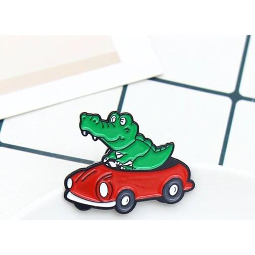 Cartoon animal Crocodile driving a red car Enamel Brooch Simple fashion Lovely jewelry Lapel Pin Custom Badge Gifts for kids