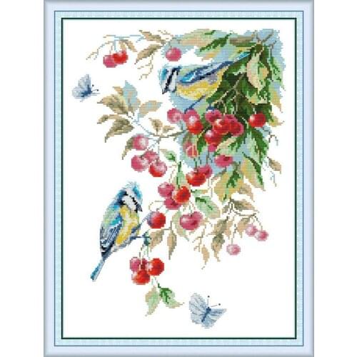 Everlasting Love Bird In The Cherry Tree Chinese Ecological Cotton Printed cross-stitch With A Printed Pattern 14 11CT DIY Gift