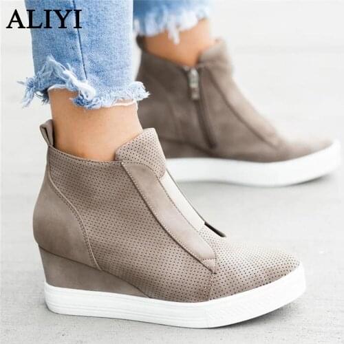 New Wedge Sneakers Women 2021 All Season Daily Ladies Side Zipper Comfy Casual Canvas Shoes Home Outdoor Vulcanized Shoes Female