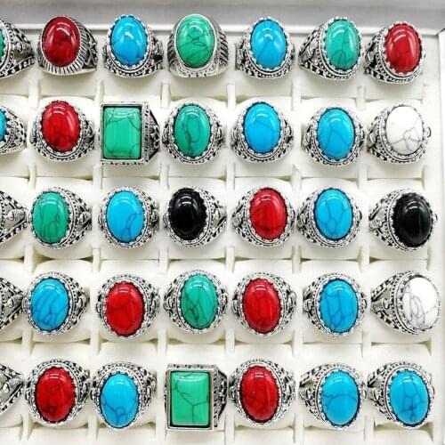Fashion 20 Pcs/Lot Natural Gem Pine Stone Rings Band Charm Big Size Mixed Style Antique Silvery Vintage Party Jewelry Gifts