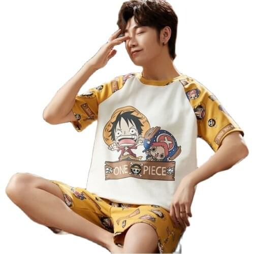 Summer Cotton Short Sleeve Cartoon Print Suit Male Clothing Youth Regular Home Suit, Student Home Suit Mens Pajamas
