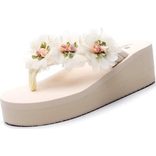 Summer Slippers Womens Shoes Wedge Heel Fashionable Flower Design Sandals Anti-Soft And Slippery Thick-Soled Beach Flip-Flops