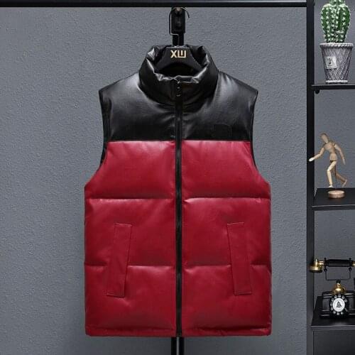 2022 Mens Autumn and Winter PU Leather down Cotton Outer Vest Youth Stand Collar Fashion and Handsome Color Matching Vest
