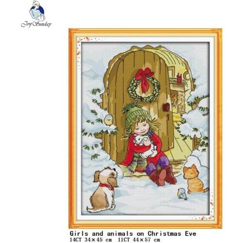 Girls and Little Animals Christmas Pattern Cross Stitch Kit 14CT11CT Count Canvas Embroidery Needlework Home Decoration Painting