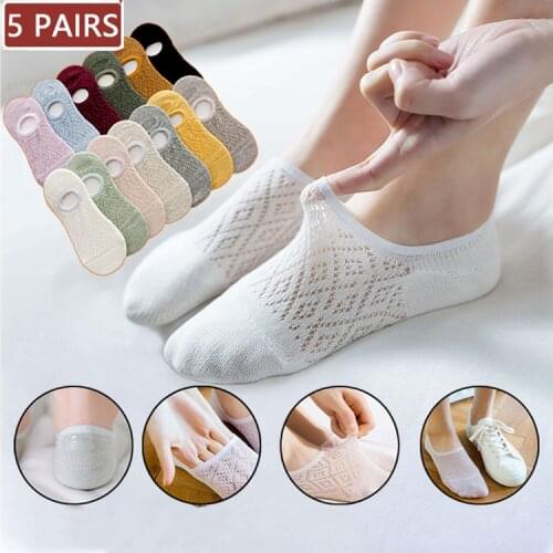 5 Pairs/Set Boat Socks Women Silicone Non-slip Invisible Socks Summer Solid Color Mesh Ankle Female Cotton Slipper No Show Socks