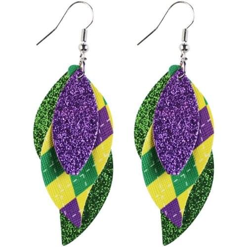 2021 New Mardi Gras Earrings Carnival Fashipn Purple Green Gold Color PU Leather Leaf MD Earrings Jewelry Wholesale