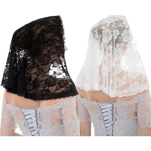 Single Layer Muslim Bridal Short Wedding Veil Crochet Sheer Floral Lace Shawl Style Women Bridal Hair Accessories Party Costume