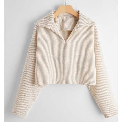 Autumn Cropped Sweater Women Lapel Knitted Sweater Ladies Long Sleeve Pullover Women 2021