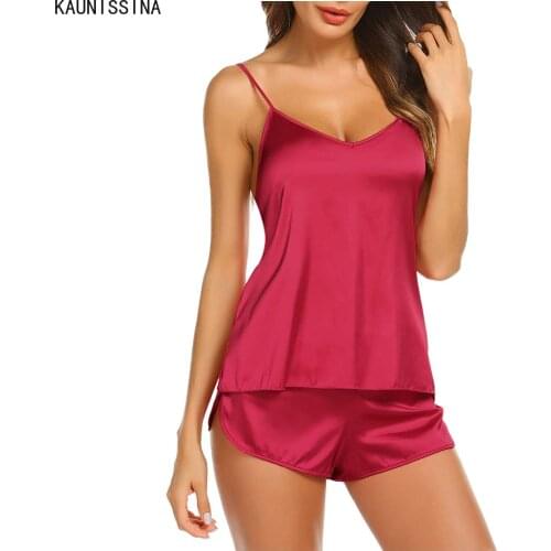 Women Sexy Pajamas Set Solid Summer Sleepwear Adjustable Strap Cami Top Shorts Satin Pajama Loose Female Lounge Nightwear Suits