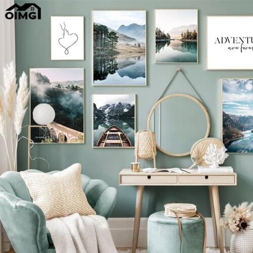 Boat Trees by lake Foggy Railroad Track Poster Nordic Forest River Print Canvas Lovers Kiss Painting Decorative Art Home Picture