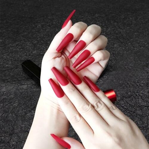 Full Finished Coffin Fake Nails Extra Long European Matte Artificial Nail Decoration False Nails Red Beauty Ballerina Nail Tips