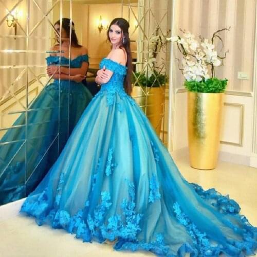 Luxury Dubai Floral Blue Wedding Gowns Off Shoulder Princess Bridal Dress Turkey Wedding Dress Plus Size Lace up Back Robe 2020