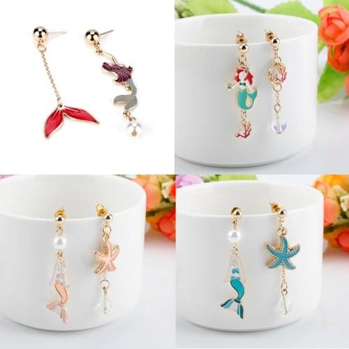 Mermaid Asymmetry Earrings For Women Starfish Pearl Crystal Stud Earrings Charm Jewelry Enamel Earrings Ear Studs