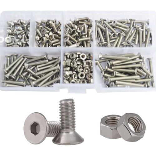 Hex Flat Head Socket Cap Machine Screw Thread Metric Countersunk Hexagon Head Bolt Nut 304 Stainless Steel Assortment Kit Set M3