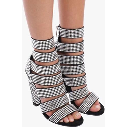 Bling Bling Crystal Full Drilled Wide Straps Sandals Boots Spiked High Heel Peep Toe Ankle Boots Ladies Gladiator Botas Zapatos