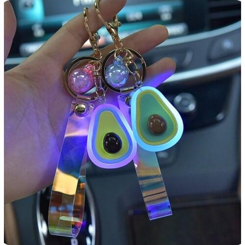 Cute Flashlight Avocado Glow Doll Keychain Cartoon Keyrings for Women Bag Charms Jewelry Car Key Pendant Decoration Gift
