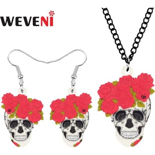 WEVENI Acrylic Halloween Flower Skull Jewelry Sets Long Aesthetic Necklace Earrings For Women Girls Teen Fashion Gift Decoration