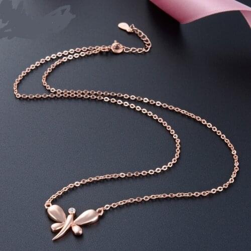 YJAX001925 New Lady Accessories Jewelry Bow Tiny Inlaid Plated Rose Gold Pendant Simple S925 Sterling Silver Necklace