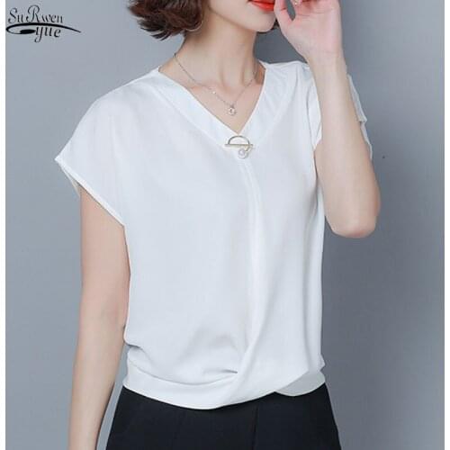 2020 Summer Plus Size Elegant Chiffon Shirt Women Clothes Solid Loose Short Sleeve V-neck Office Lady Blouse Blusa 9051 50