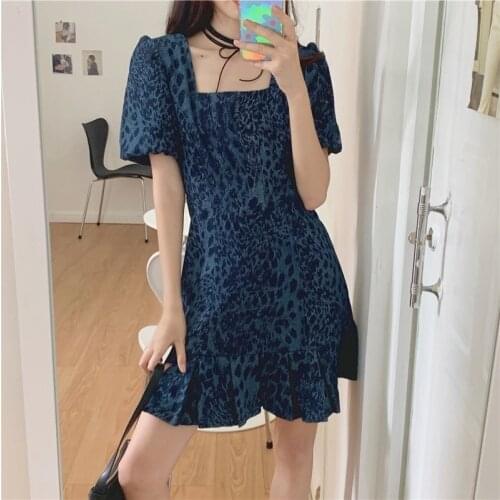 French Elegant Leopard Dresses Women One Piece Dress Korean Short Sleeve Vintage Mini Dresses Office Lady Design 2021 Summer