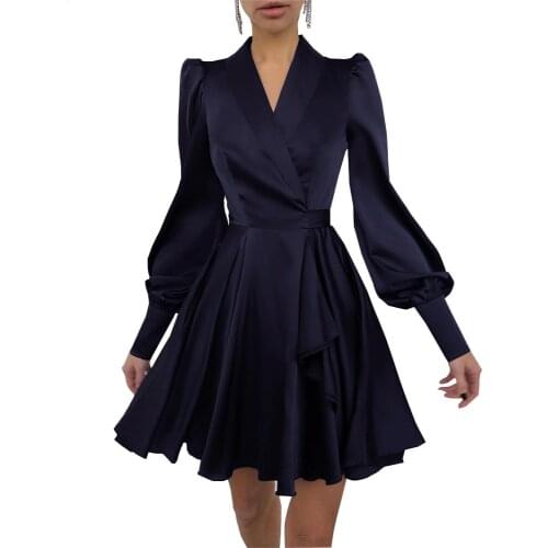 Woman Dress 2021 Spring Elegant V Neck Silky Satin Evening Party Dress Chic V-Neck Lantern Sleeve Slim Ball Gown Short Dress