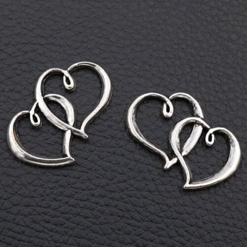 WKOUD/10pcs// A75 Silver Color , Double Heart Pendant, 31*21mm Couple Heart Connectors, Heart Necklace & Bracelet Connector