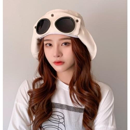 2021 Fashion Cotton Women Men Bucket Cap with Sunglasses Sunscreen Pilot Fisherman Hat Female