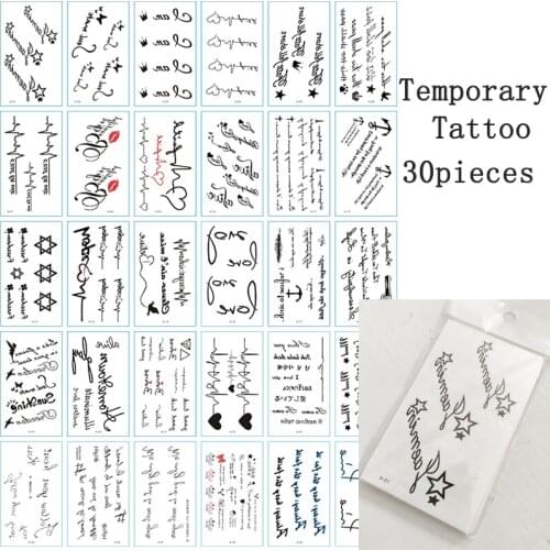 30pcs Temporary Tatoo Sticker Geometry Love Heart Waterproof Fake Tattoo English Letter Line Design Body Art Tattoos Man Woman