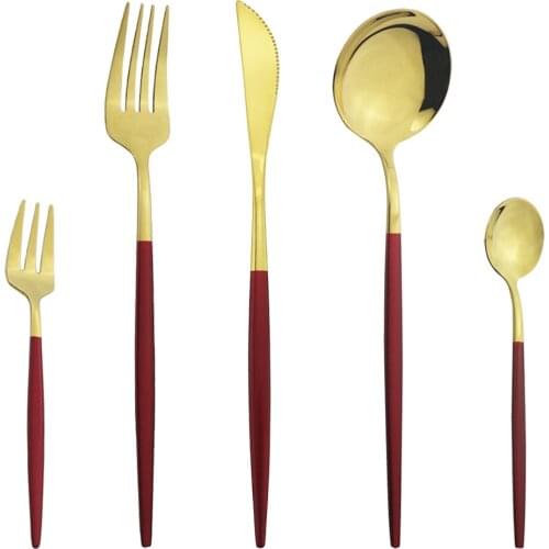 5Pcs Red Gold Dinnerware Cutlery Set Mirror Stainless Steel Flatware Tableware Knife Cake Fruit Fork Coffee Spoon Silverware Set