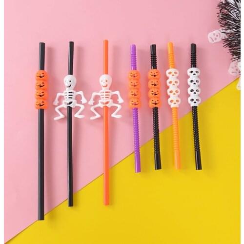 5Pcs Plastic Reusable Halloween Themed Straight Drink Straw Grimace Pumpkin Head Skeleton Skull For Masquerade Decor Bar Supply