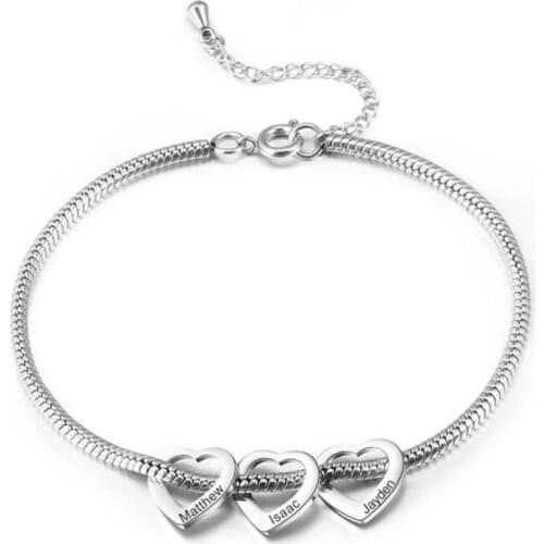 Customized Personalized Engrave Name Heart Stainless Steel Charms Bracelets for Women Bangle DIY Jewelry Gift for Her Family