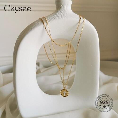 Ckysee S925 Sterling Silver Necklace Golden Three Layer Cross Pendant Necklace Fashion Women Girlfriend Gift Silver Jewelry 2020