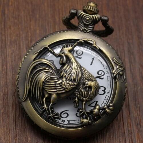 Pocket Watch Relogio De Bolso Drop shipping Bronze Retro Chinese Zodiac Chicken Quartz Watch With Chain Womens Men GIfts P910C