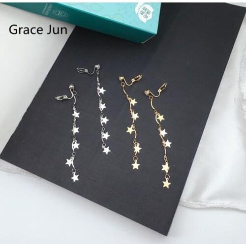 Korea Style Handmade Long Star Clip on Earrings and Drop Pierced Earrings for Women Cute Fashion Chain Earrings Anti-allergy New