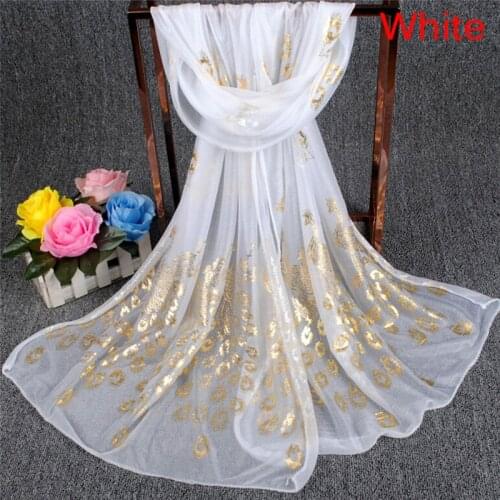 Girl Long Silk Scarves Soft Gold Peacock Chiffon Wrap Shawl Pashmina Scarves